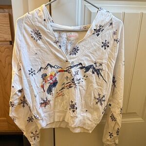 Free People White Hoodie with Snowflake and Mountain Design